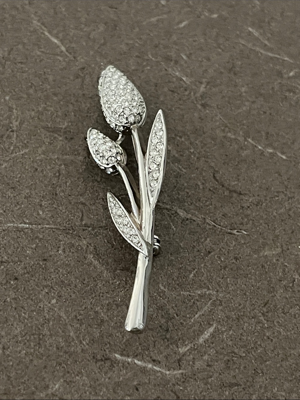 Silver Crystal Tulip Brooch - Silver tone 3-4”